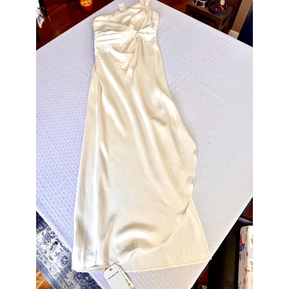 Abercrombie & Fitch One Shoulder Satin Maxi Dress Cream Small Tall ST New